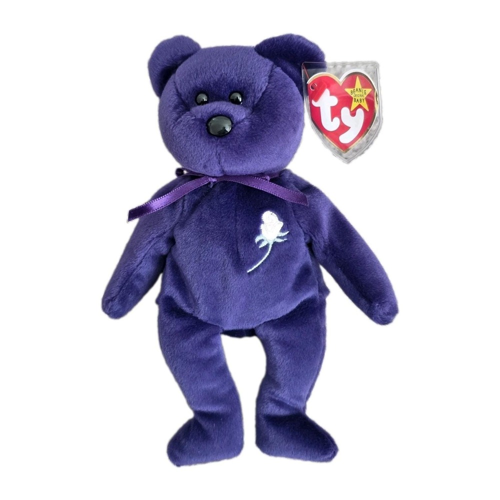 Ty Princess Diana Beanie Baby Bear 1997 Original Purple Plush PE Pellets Case